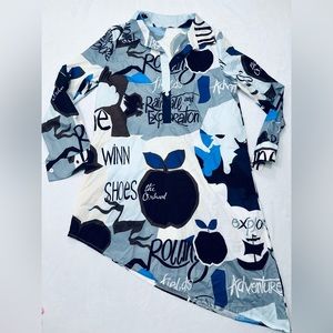 Patterned Button V-Neck Blue, Brown, White Dress Womens Size Medium